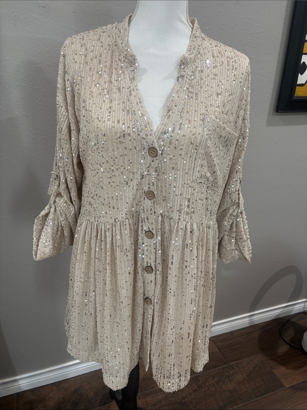 Beige Sequin Button-Front Mini Dress